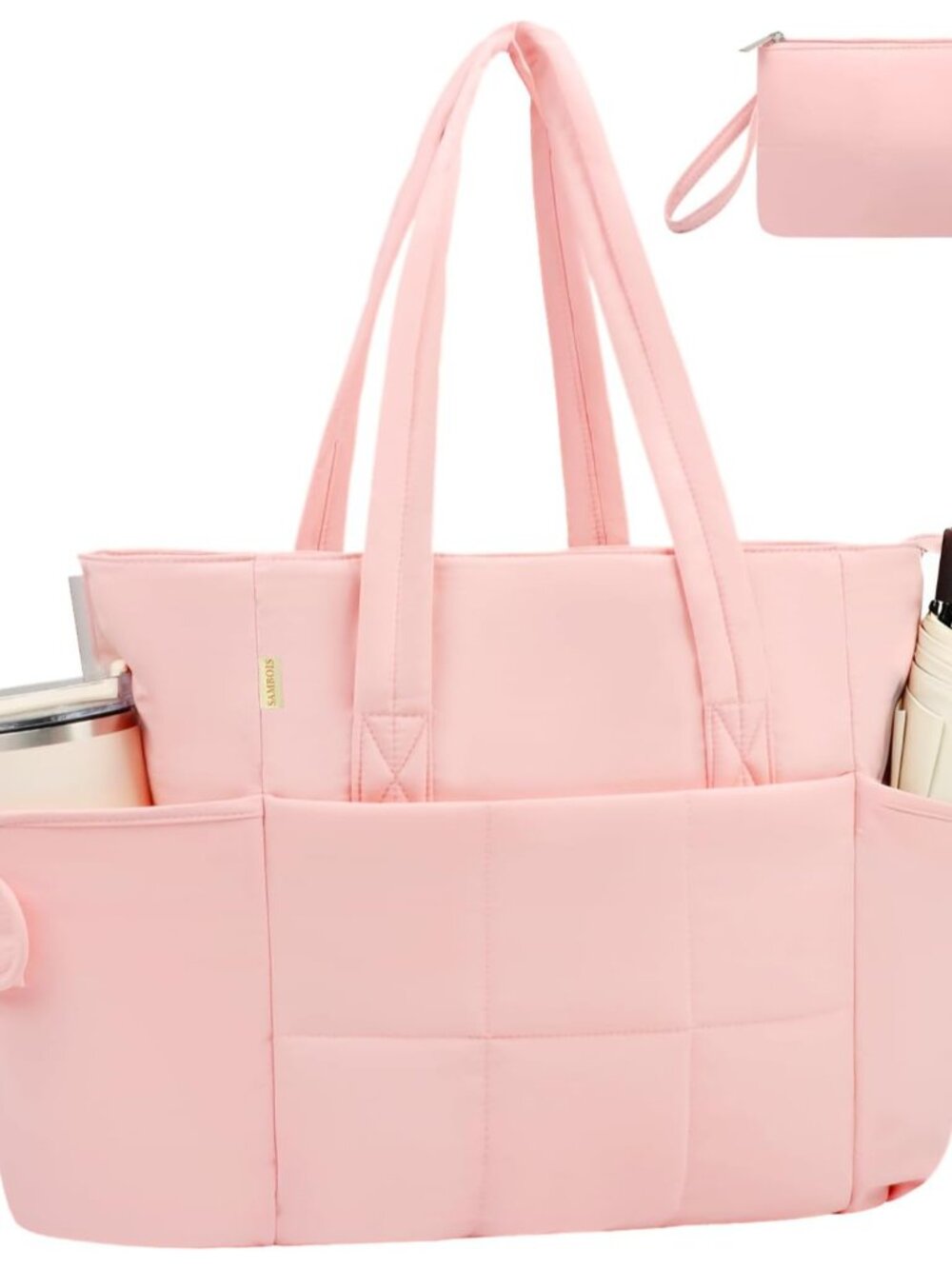 Puffer Tote Bag with Large Cup Holder& 15.6 Inch Laptop Compartment, Lightweight